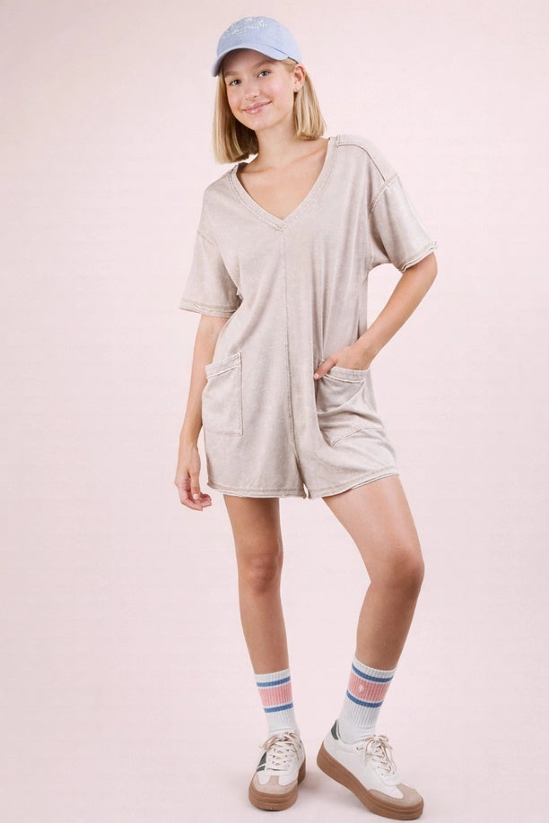 Mineral Washed Oversized Casual Knit Romper (Taupe)