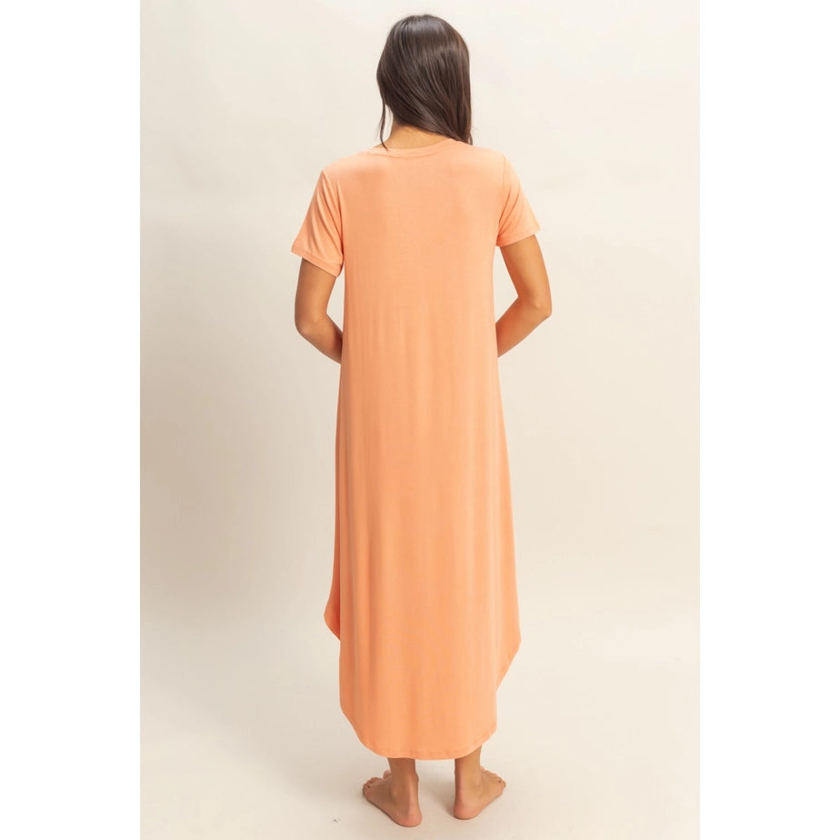 V-Neck Short Sleeve Midi Dress ( Peach)