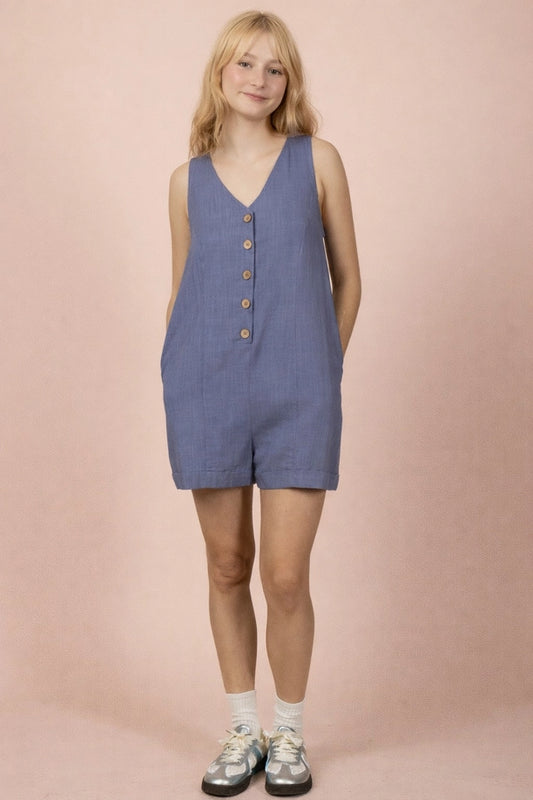 Sleeveless Button Down Linen Romper (Denim)