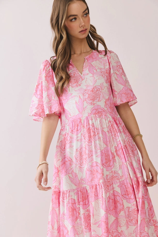 Pink Floral V Neck Tiered Baby Doll Midi Dress