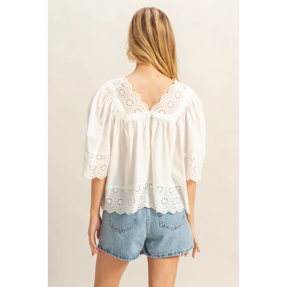 V-Neck Short Sleeve Eyelet Detail Top