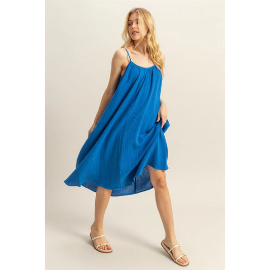 Blue Shirring Neckline Sleeveless Flowy Dress