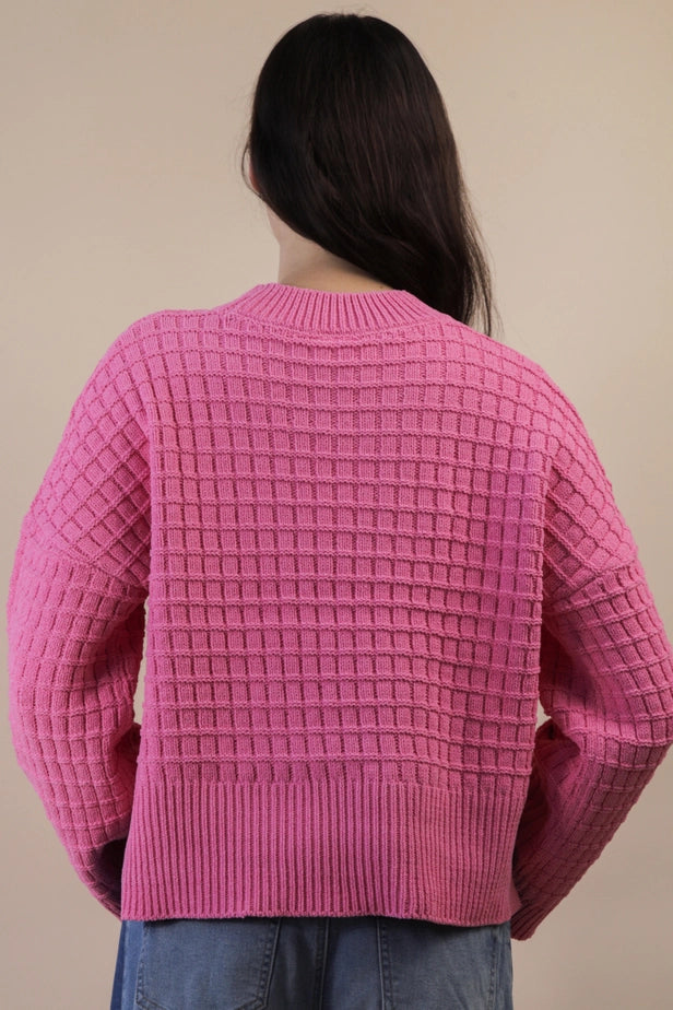 Oversized Textured Solid Casual Knit Sweater Top (Pink)