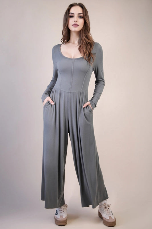 Wide Leg Solid Knit Casual Jumpsuit