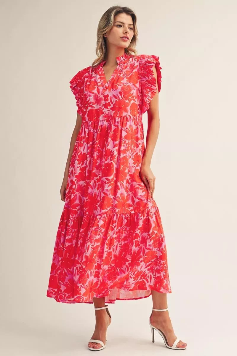 Pink & Red Ruffled Sleeve Midi Dress