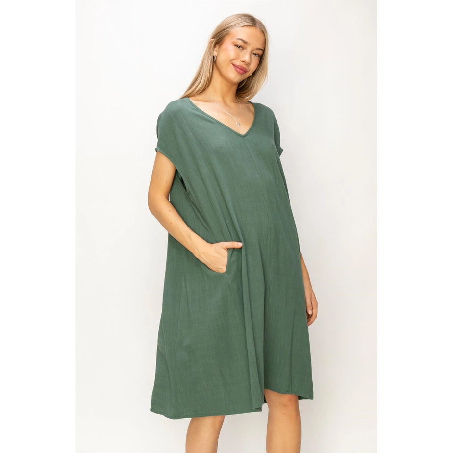 V Neck Linen Midi Dress