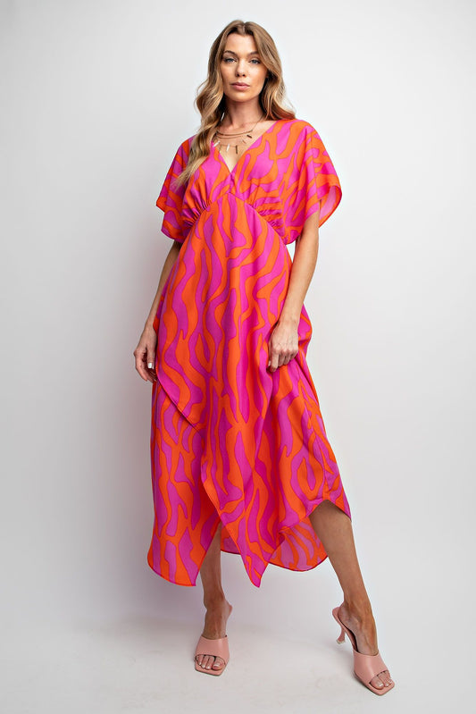 WAVY PRINTED WOOL PEACH SURPLUS MAXI DRESS