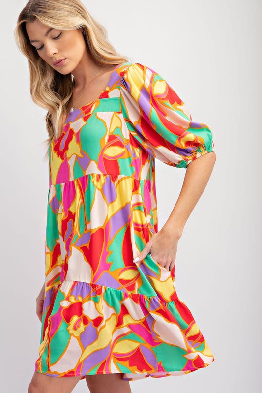 GEO PRINT RAYON CHALLIS RUFFLE BOTTOM DRESS