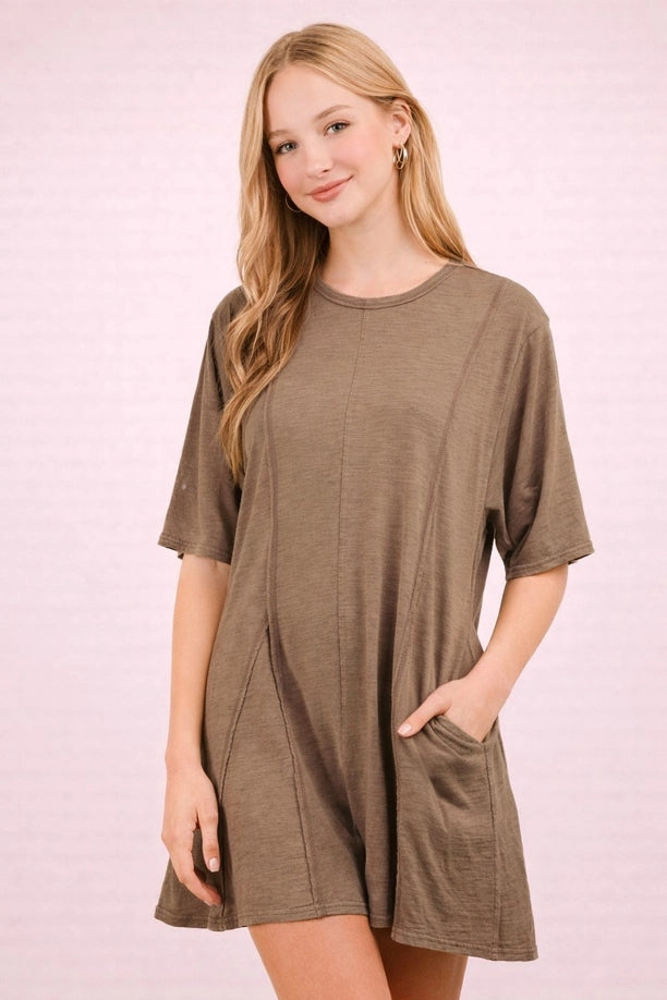 Mineral Washed Oversized Knit Comfy Romper (Brown)