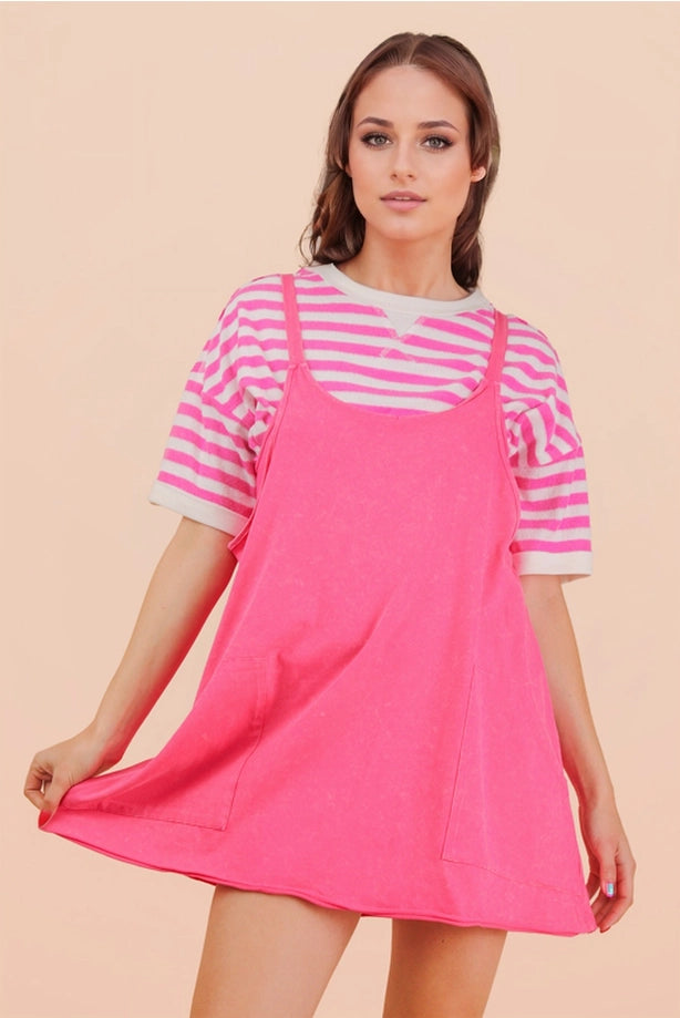 Mineral Washed Knit Mini Dress with Shorts ( Pink)