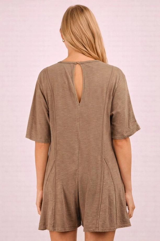 Mineral Washed Oversized Knit Comfy Romper (Brown)
