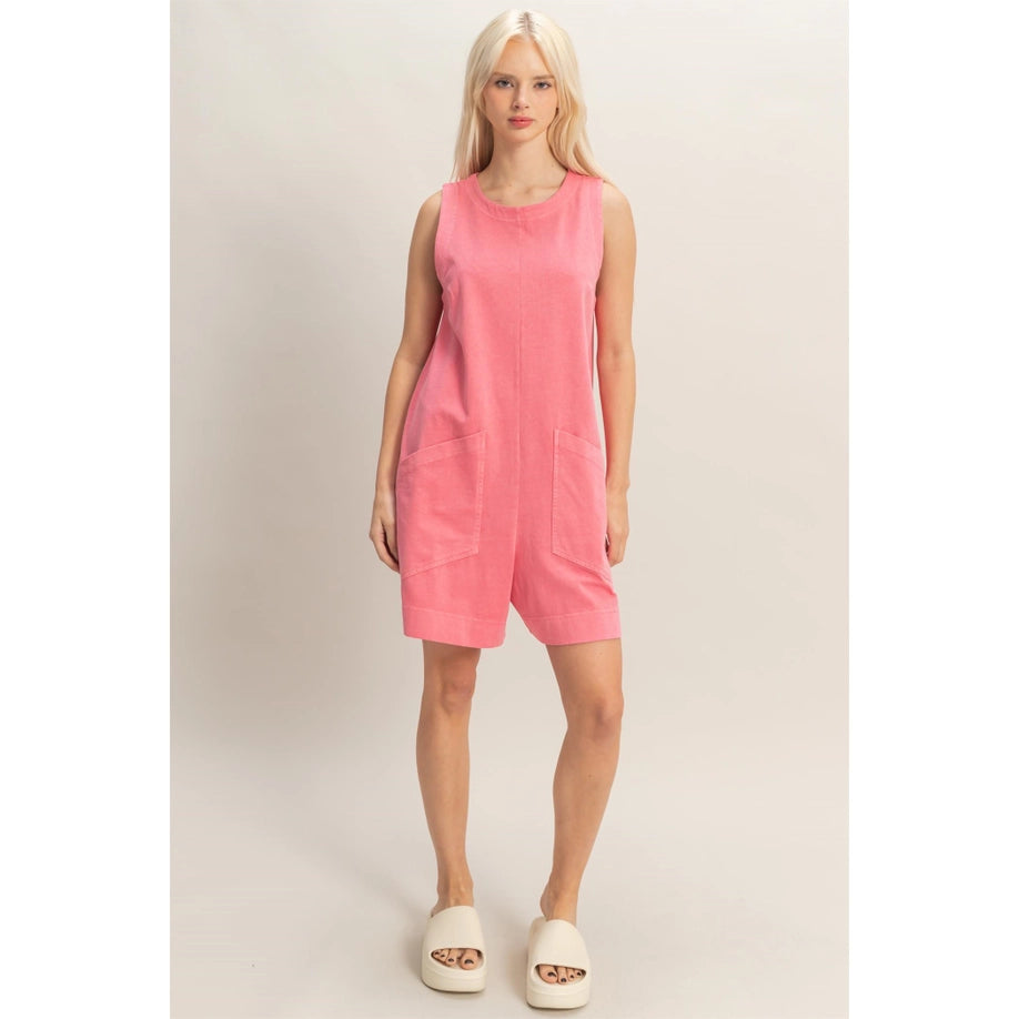 Pocket Detail Sleeveless Romper (Taffy Pink)