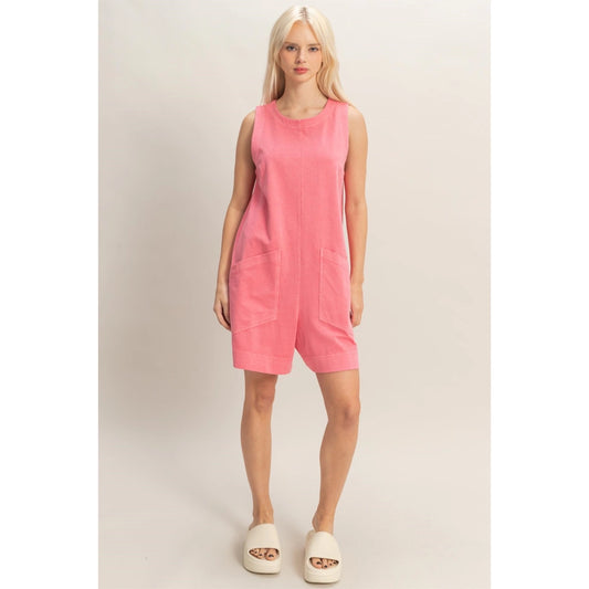 Pocket Detail Sleeveless Romper (Taffy Pink)