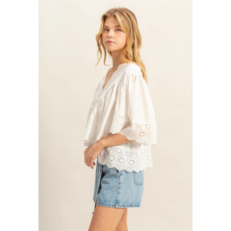 V-Neck Short Sleeve Eyelet Detail Top