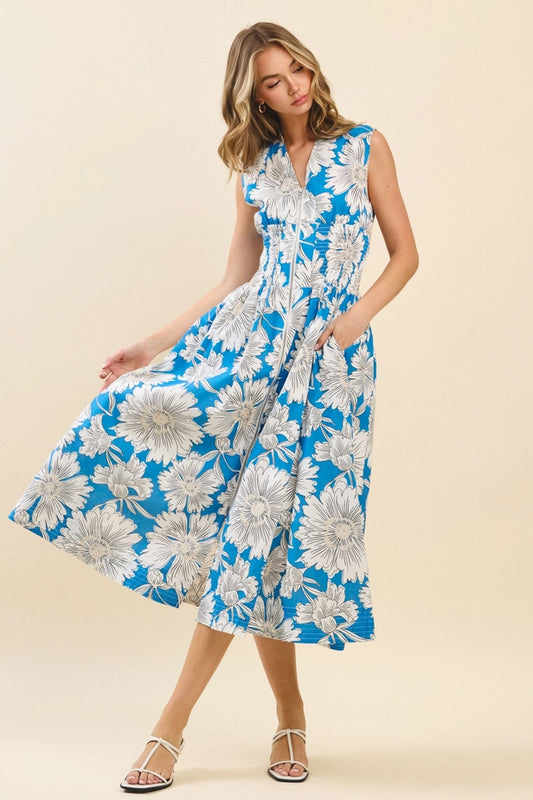 Floral Print Zip Up Smocked Waist Midi Dress