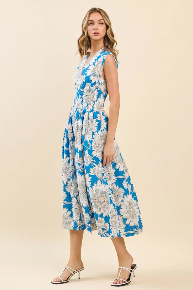 Floral Print Zip Up Smocked Waist Midi Dress