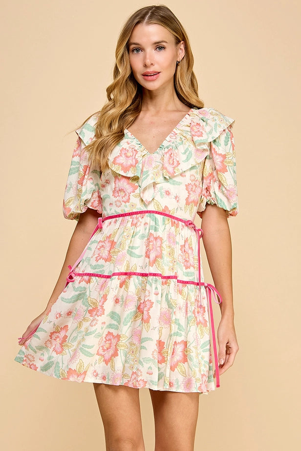 Floral Print V-Neck Ruffle Detail Dress