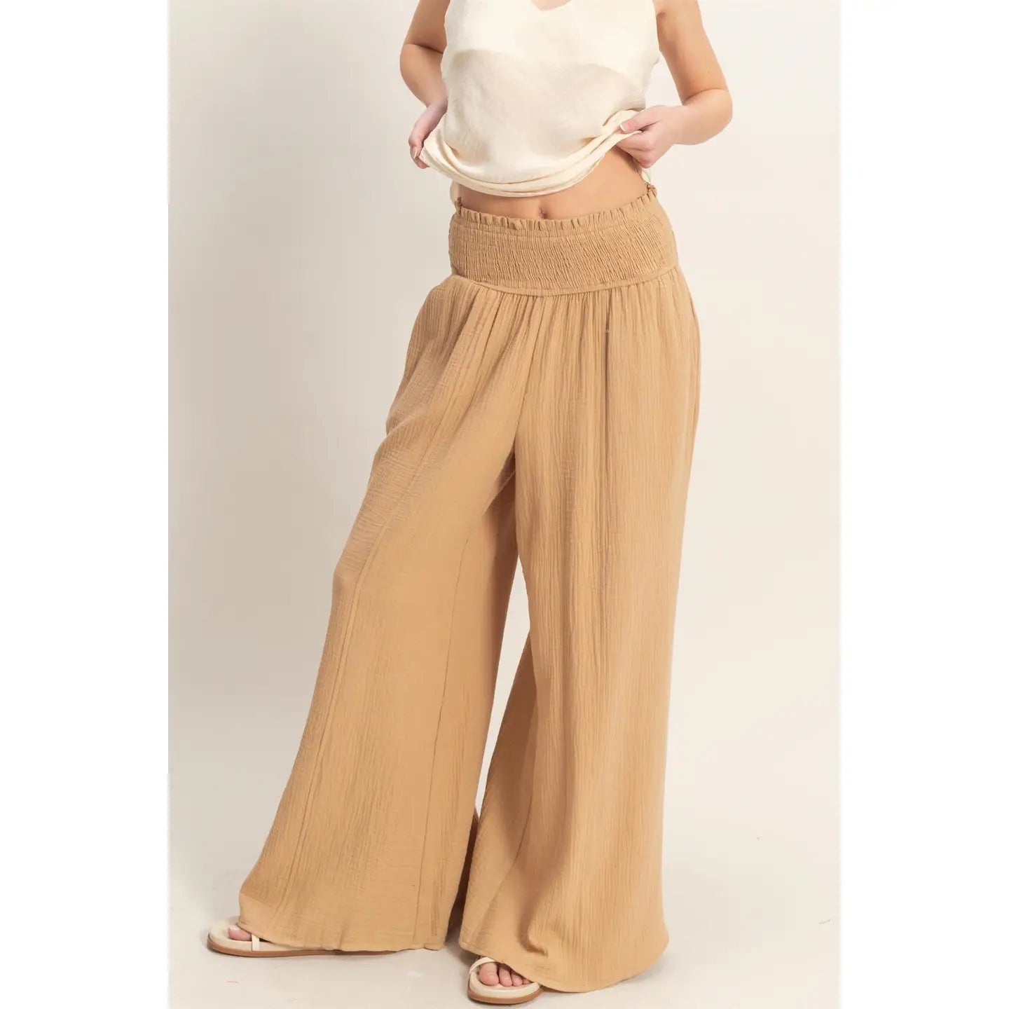 Smocked Waist Wide-Leg Gauze Pants