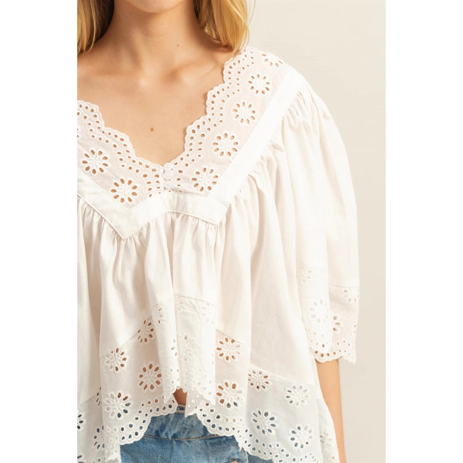 V-Neck Short Sleeve Eyelet Detail Top