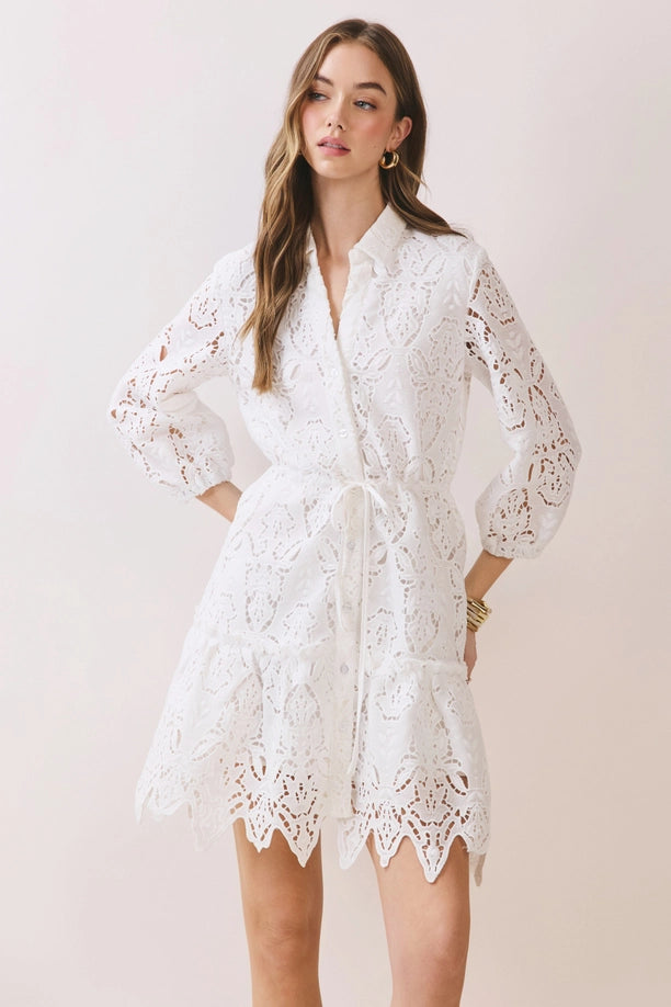Floral Lace Tie Waist Button Down Mini Dress