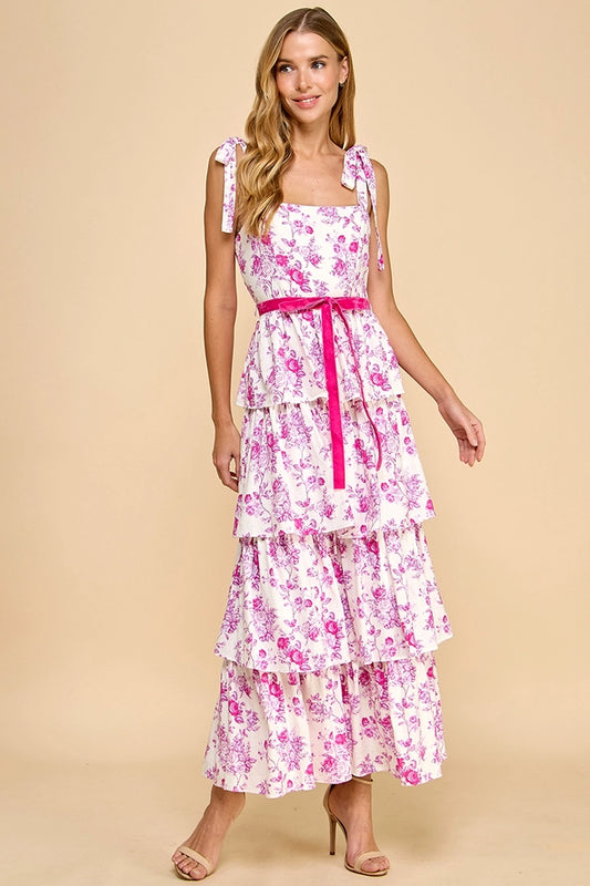 Pink Floral Print Tiered Adjustable Straps Midi Dress