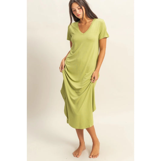 V-Neck Short Sleeve Midi Dress (Olive)