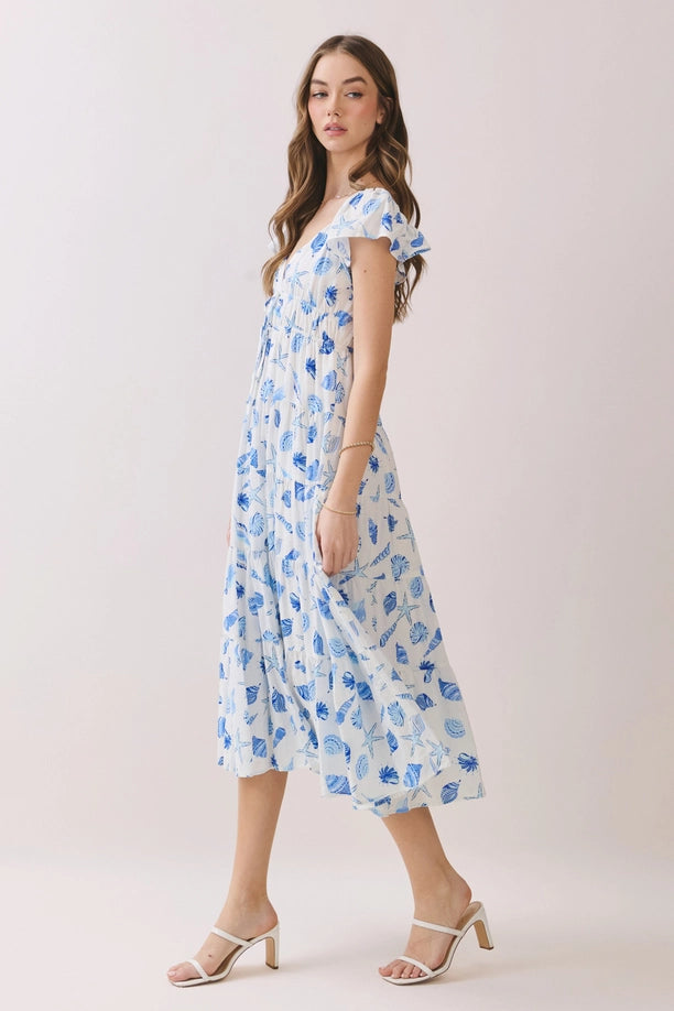 Shell Flutter Sleeve Midi Dress