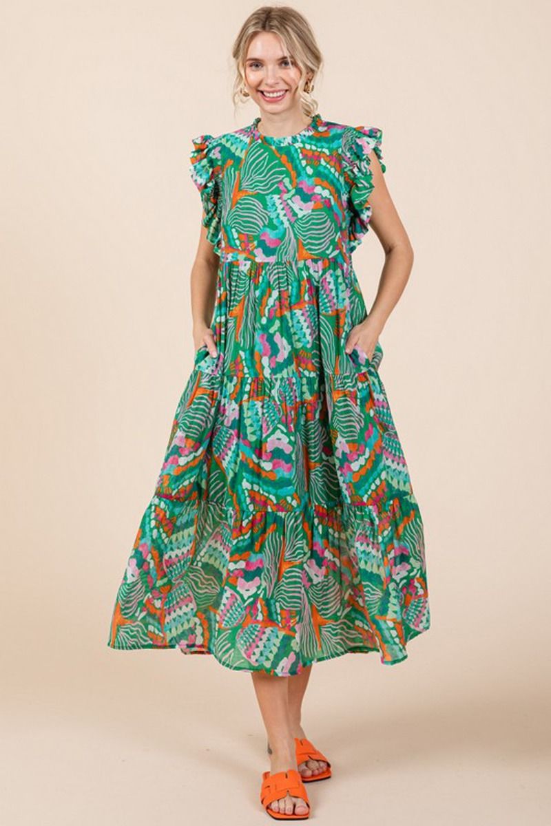 Printed Chiffon Midi Dress (Green)