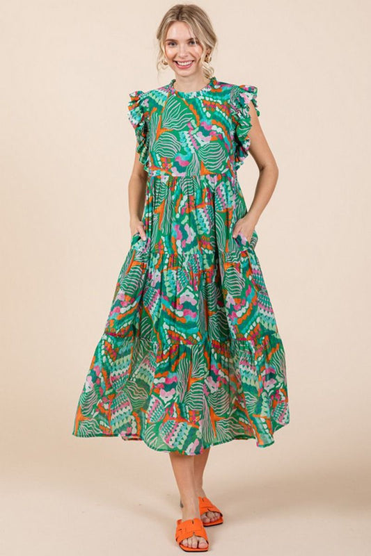 Printed Chiffon Midi Dress (Green)
