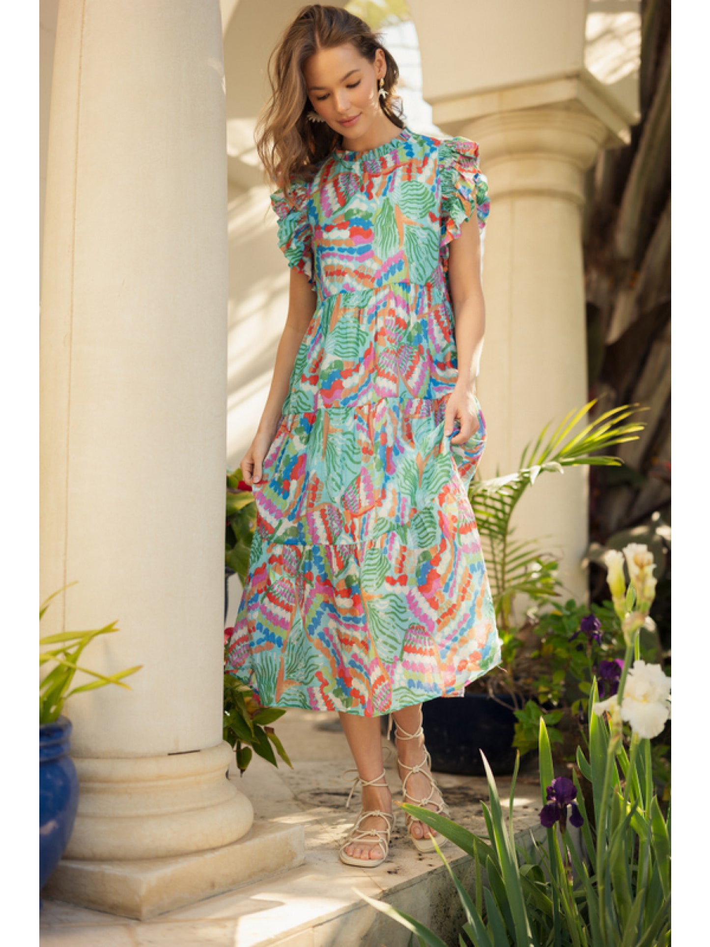 Printed Chiffon Midi Dress (Aqua)