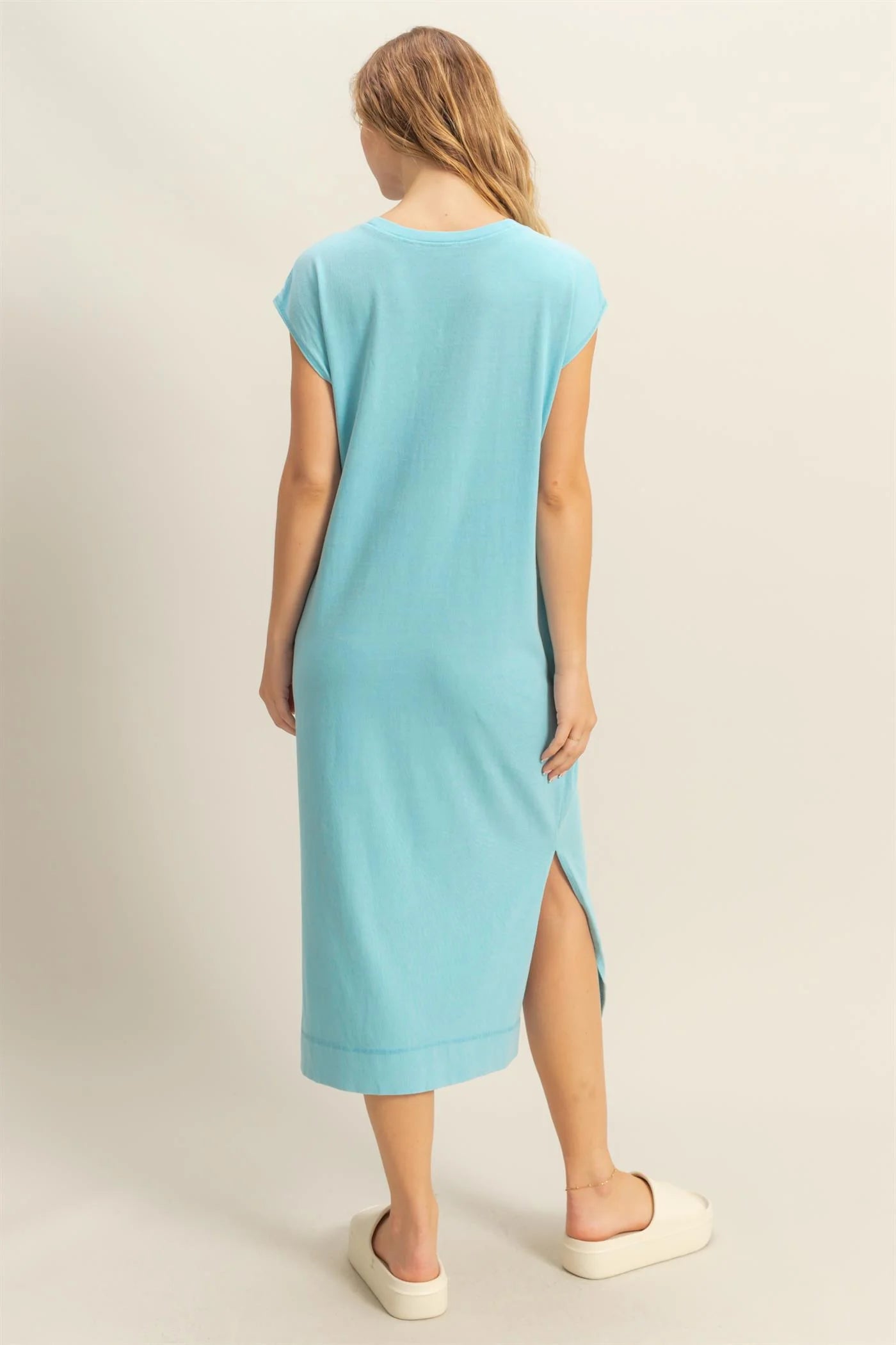Blue Casual Sleeveless Midi Dress with Pockets