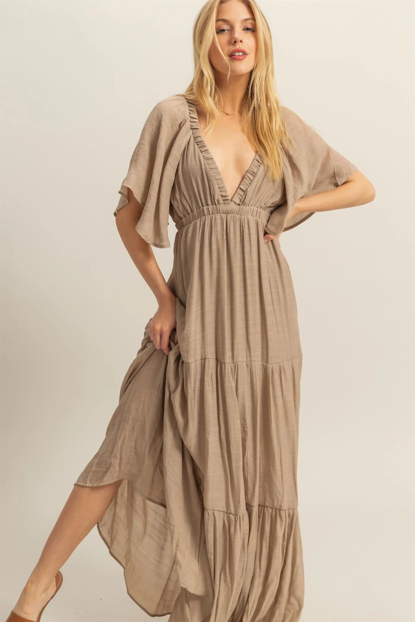 V-Neck Flowy Sleeves Tiered Maxi Dress ( Khaki)