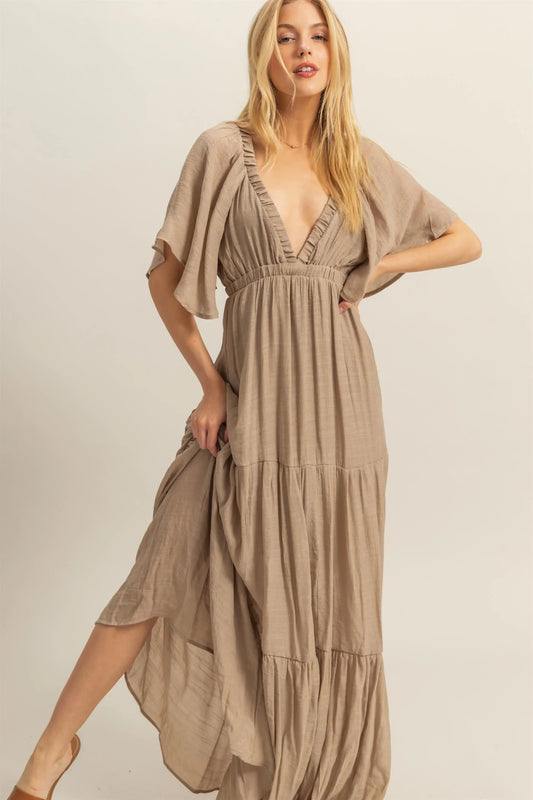 V-Neck Flowy Sleeves Tiered Maxi Dress ( Khaki)