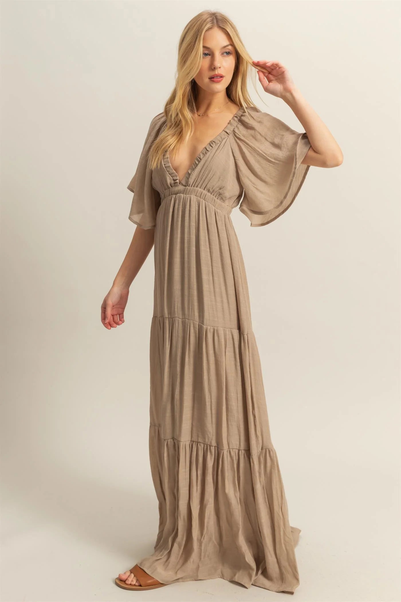 V-Neck Flowy Sleeves Tiered Maxi Dress ( Khaki)