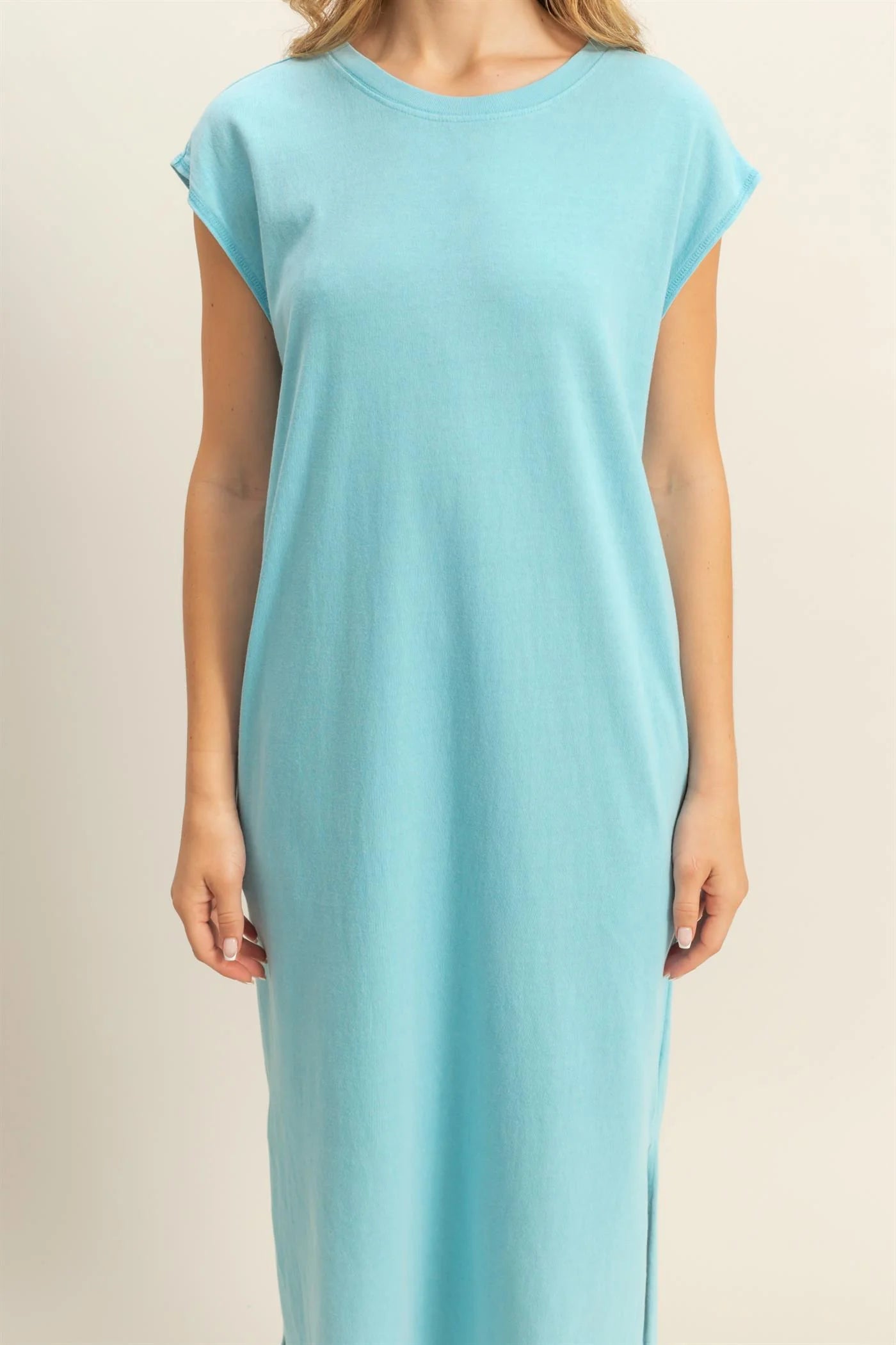 Blue Casual Sleeveless Midi Dress with Pockets