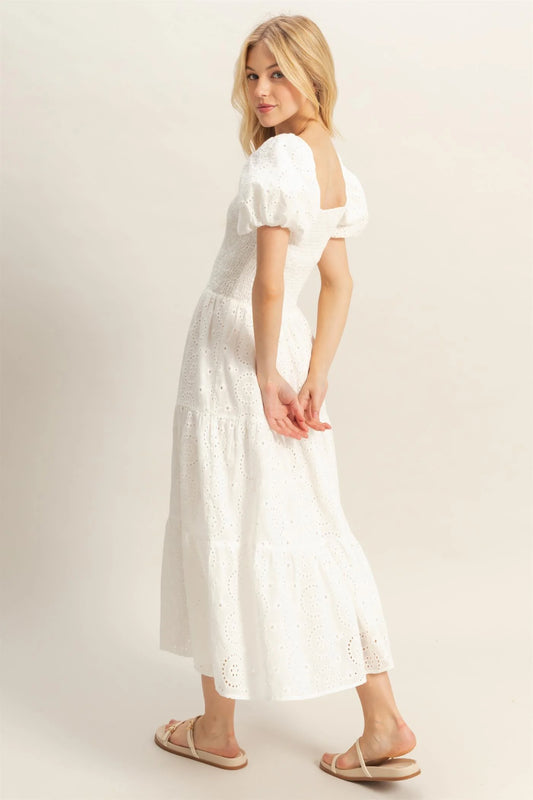 Puff Sleeve Fit and Flare Eyelet Dress
