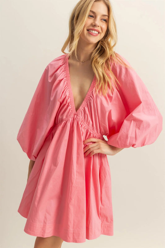 Dolman Sleeve V Neck Poplin Mini Dress