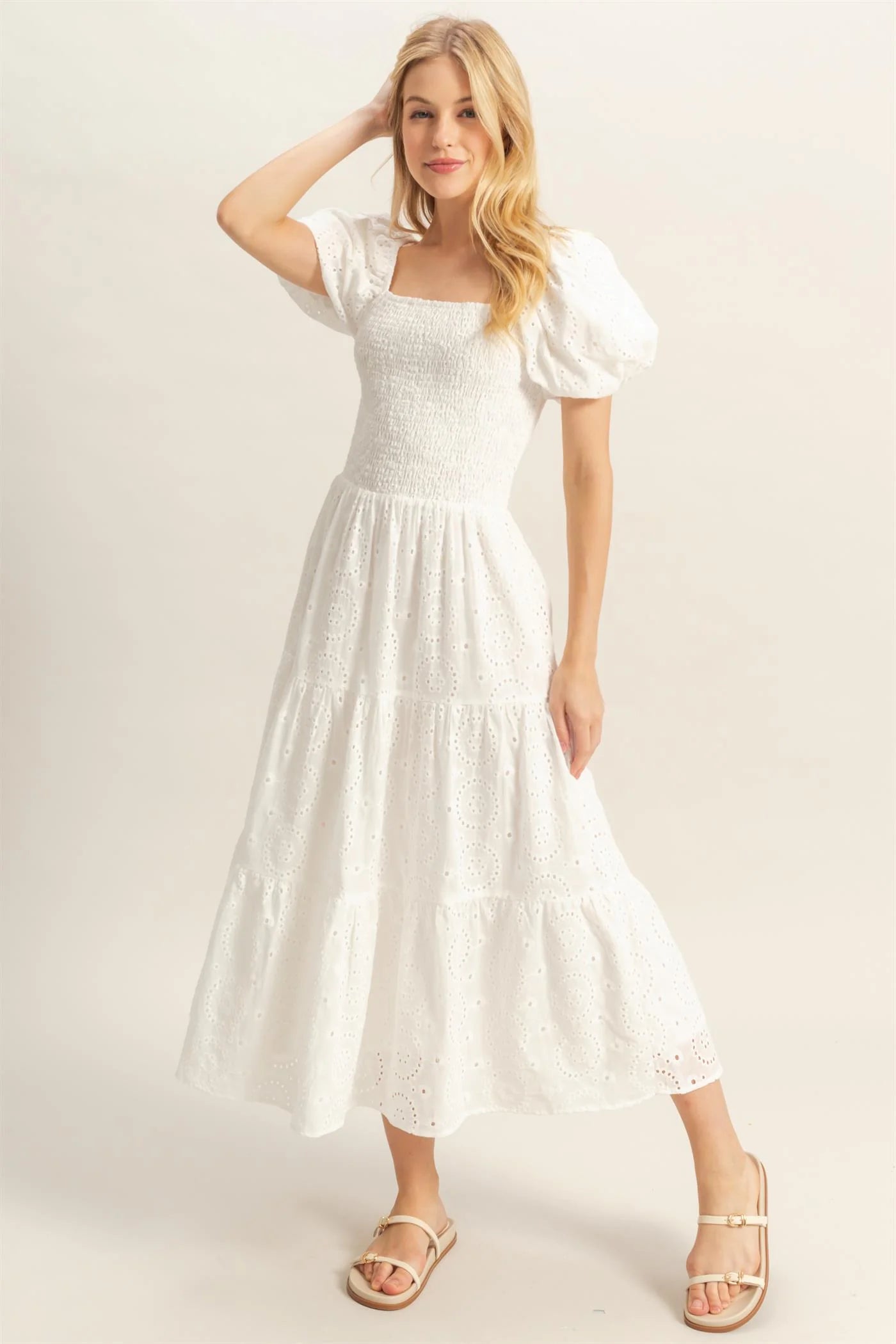Puff Sleeve Fit and Flare Eyelet Dress