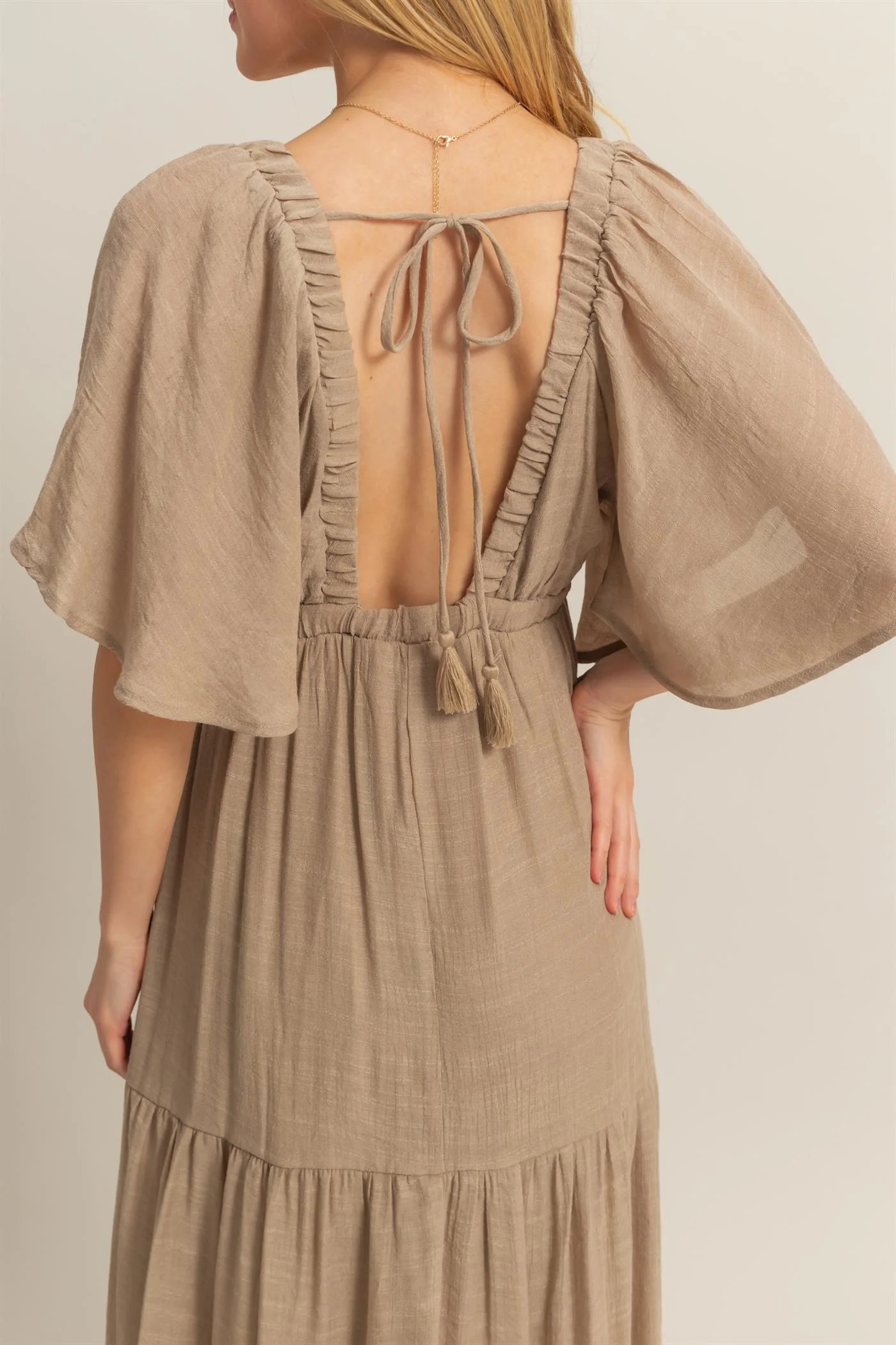 V-Neck Flowy Sleeves Tiered Maxi Dress ( Khaki)