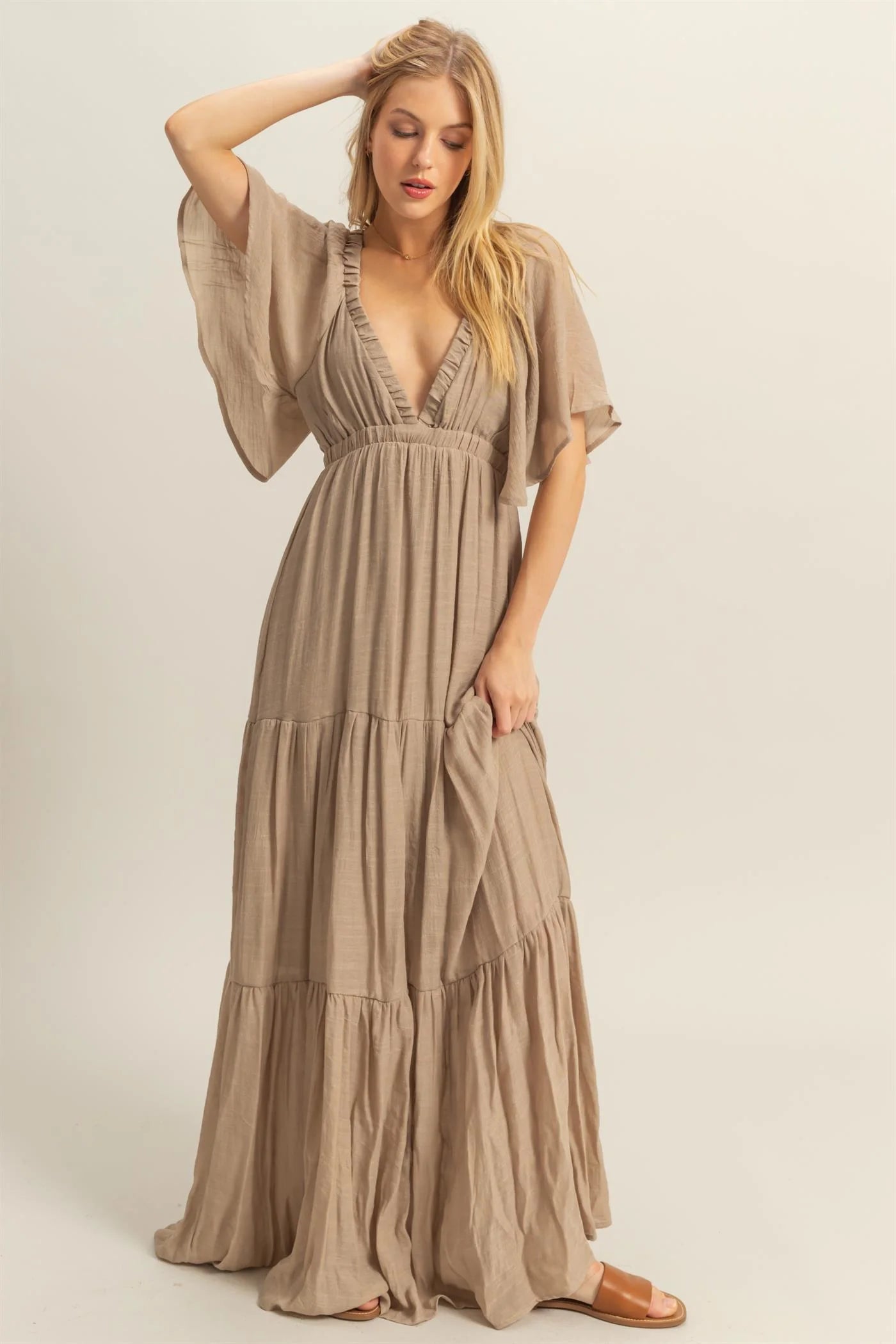V-Neck Flowy Sleeves Tiered Maxi Dress ( Khaki)
