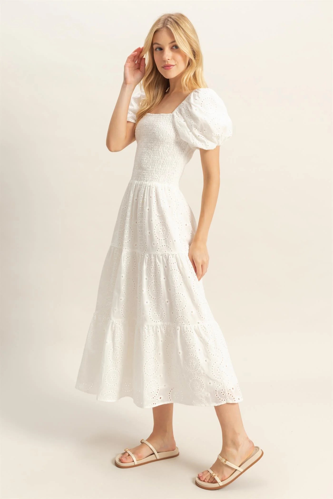 Puff Sleeve Fit and Flare Eyelet Dress