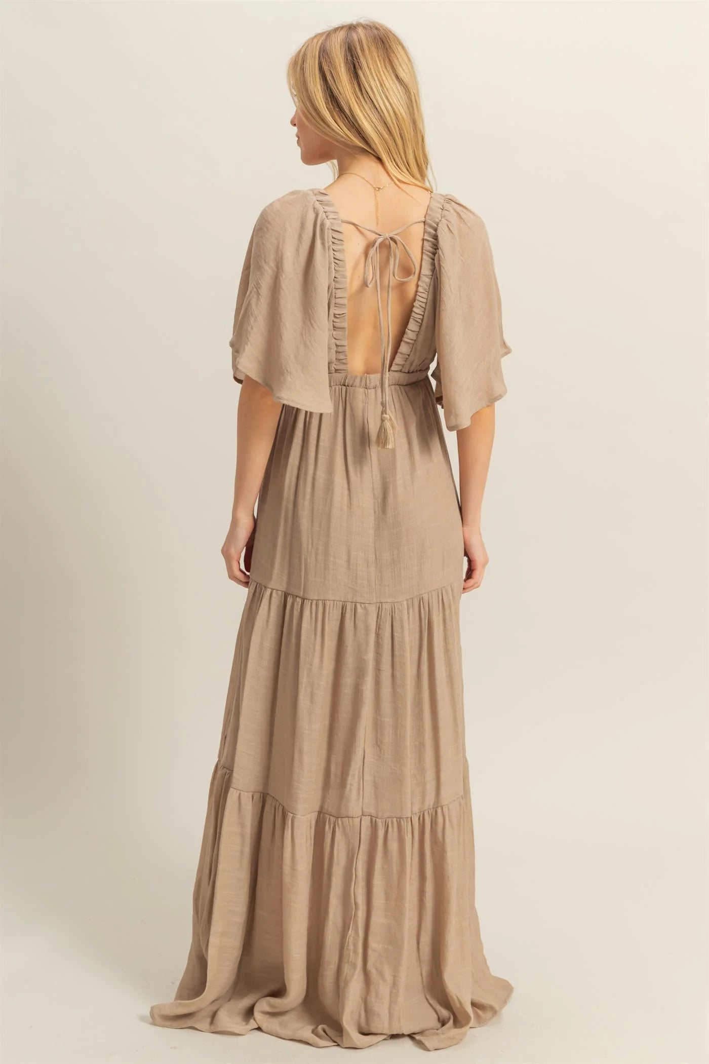 V-Neck Flowy Sleeves Tiered Maxi Dress ( Khaki)